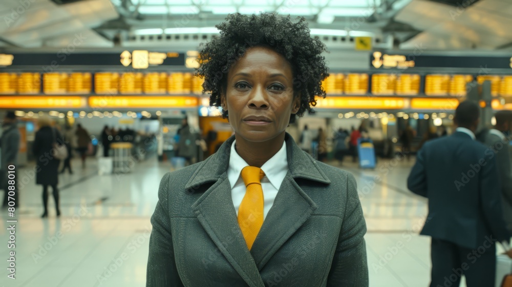 A woman in business attire, wearing a yellow tie, stands before a crowded building A woman in business attire, wearing a yellow tie, stands before a crowded building