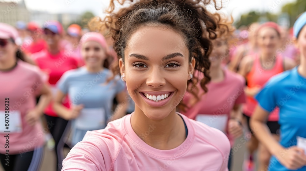 Fototapeta premium A woman poses for a selfie among a crowd wearing pink shirts and blue headbands