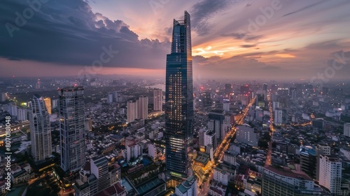 A majestic skyscraper towering over the historic city center, blending modern architecture with the timeless charm of the capital.