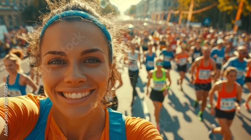   A woman poses for a selfie amidst a throng of runners participating in a city marathon