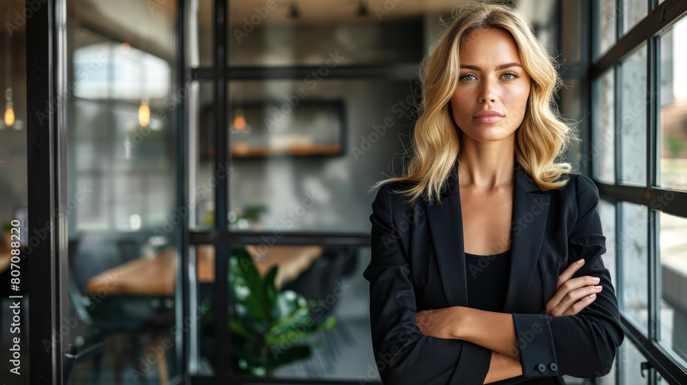 A woman, arms crossed, gazes seriously from before a window as the camera meets her eyes A woman, arms crossed, gazes seriously from before a window as the camera meets her eyes