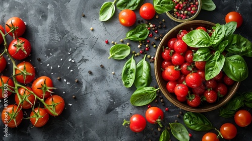 Fresh Tomatoes and Basil on Textured Surface..