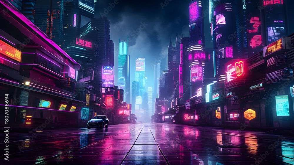 Night city with neon lights and cars. Panoramic view.