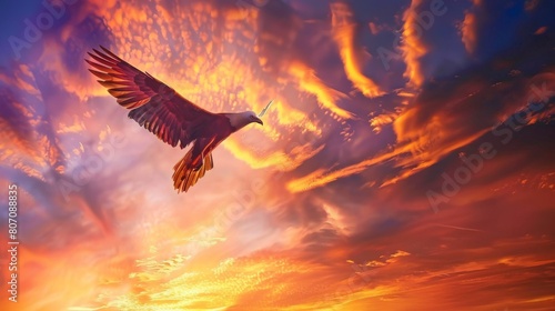 Enchanting Phoenix Flight in Vibrant Sunset Telephoto Shot.