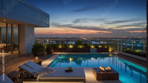 Step into opulence, an impressive luxury penthouse terrace boasting a swimming pool with panoramic views of Miami's skyline, offering a glimpse into the epitome of extravagant living. 