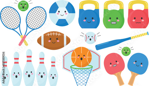 Cute Sport set smiling equipment vector illustration, school, erasers, cartoons