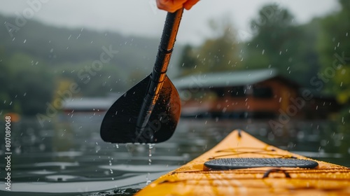   A tight shot of a kayak on tranquil water, surrounded by trees in the backdrop, and a house visible in the distance