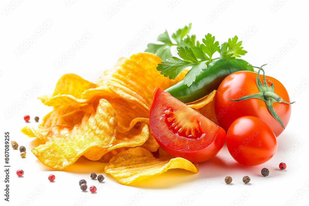 Chips potato wedges with ketchup, herbs isolated on white background, Image for cafe menu, Banner Chips potato wedges with ketchup, herbs isolated on white background, Image for cafe menu, Banner