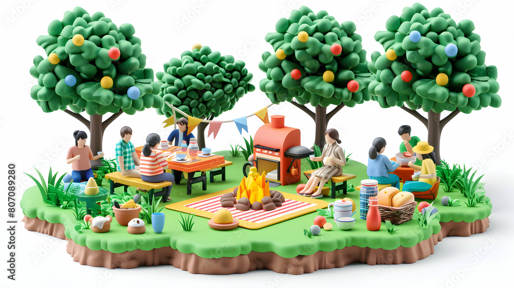 3D Flat Icon Illustration of Company Picnic Day: Employees Gather for Team Building Activities and Casual Moments Outdoors in Isometric Scene 3D Flat Icon Illustration of Company Picnic Day: Employees Gather for Team Building Activities and Casual Moments Outdoors in Isometric Scene
