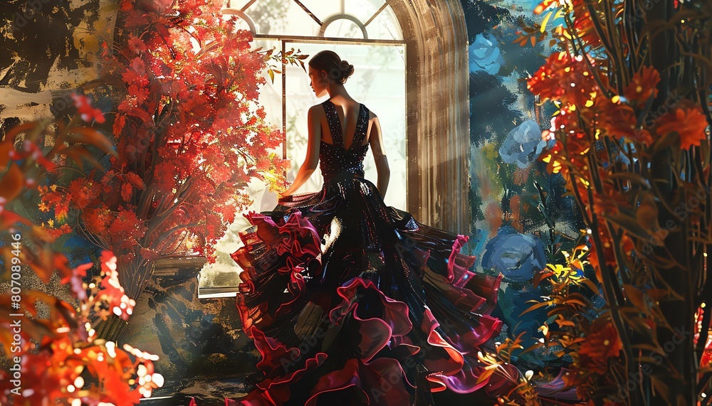A woman with long dark hair wearing a black dress with a red flower pattern standing in a garden. A woman with long dark hair wearing a black dress with a red flower pattern standing in a garden.