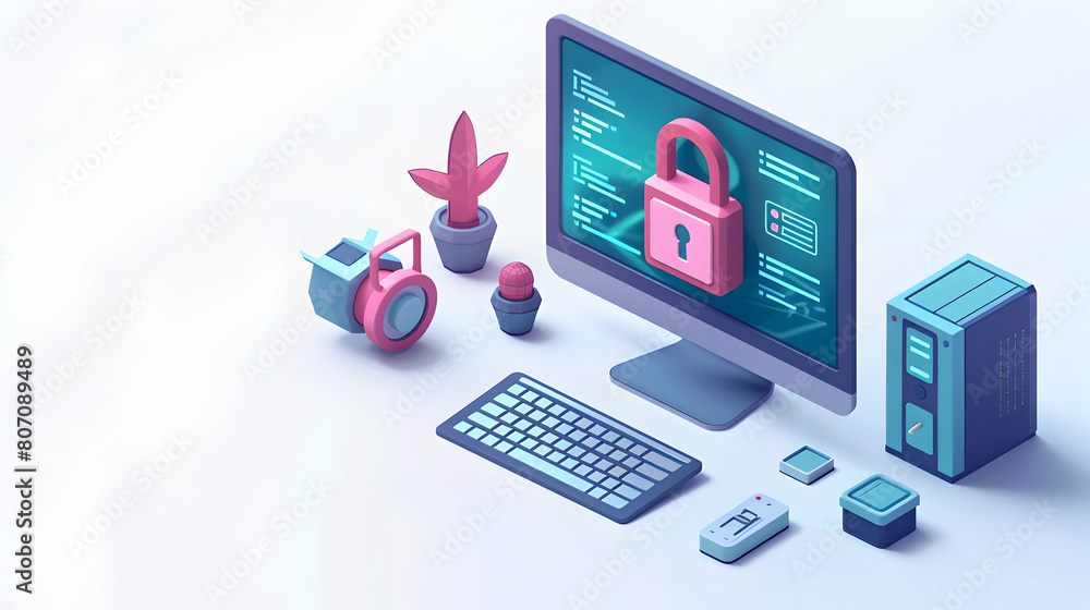 3D Flat Computer Screen with Ransomware Warning: Significance of Cybersecurity Measures in Isometric Scene 3D Flat Computer Screen with Ransomware Warning: Significance of Cybersecurity Measures in Isometric Scene
