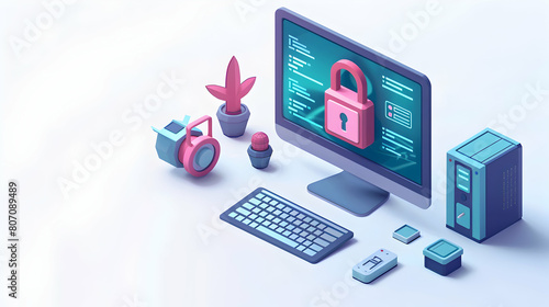 3D Flat Computer Screen with Ransomware Warning  Significance of Cybersecurity Measures in Isometric Scene