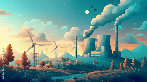 An illustration of a traditional fossil fuel power plant being replaced by a modern wind farm photo