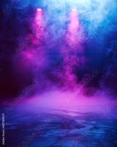 Empty Dark Stage with Neon Lights and Spotlights  