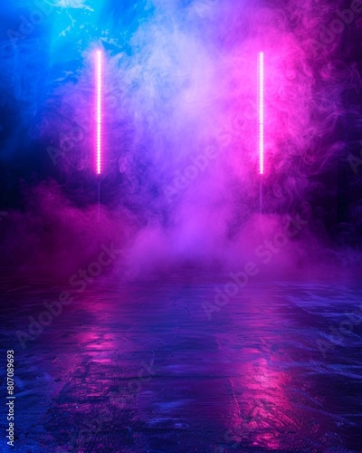 Empty Dark Stage with Neon Lights and Spotlights  
