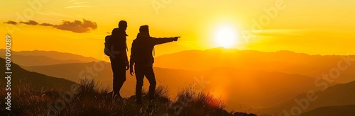 silhouettes of a couple pointing at a sunset in mountains, a panoramic view with for a travel and adventure concept
