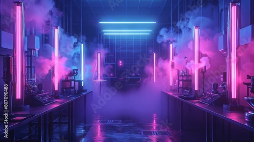 High-Tech Laboratory with Neon Lights and Smoke  