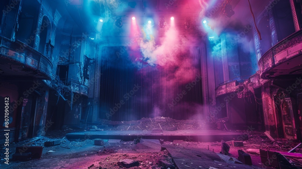 Apocalyptic Theater Stage with Neon Lights

