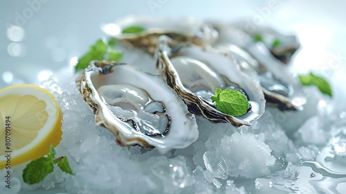 tantalizing display of freshly shucked oysters on ice, accompanied by a lemon and a green leaf photo