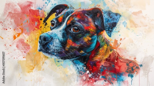 Expressive abstract dog portrait bursting with vibrant colors and dynamic brush strokes