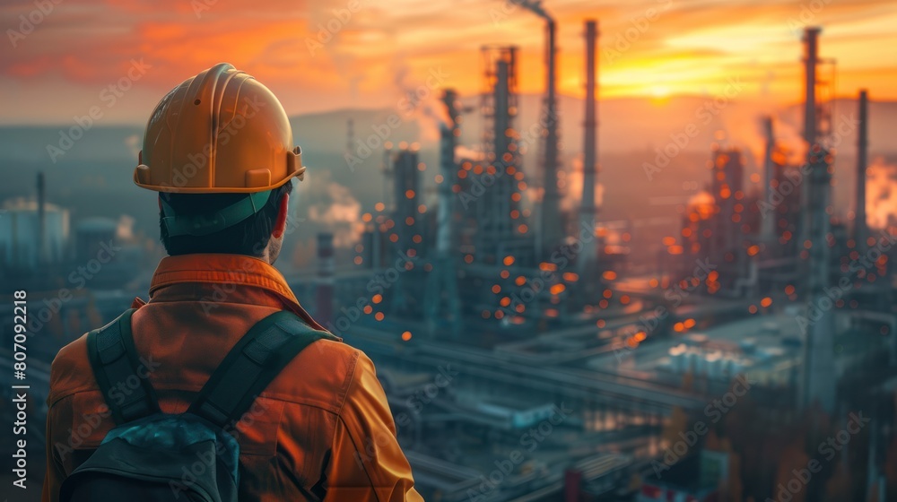 An engineer looks out over an oil refinery at sunset. An engineer looks out over an oil refinery at sunset.
