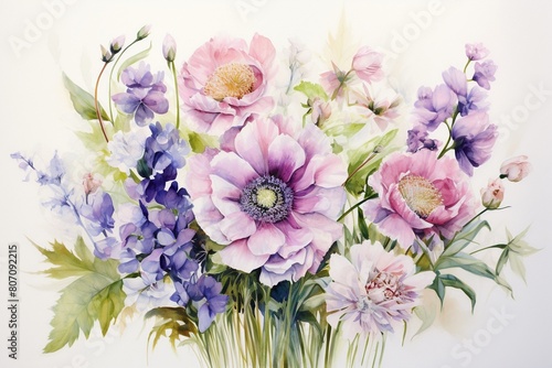 Delicate watercolor of a vibrant summer bouquet, including scabiosa and snapdragons, painted in gentle pastels on a pristine white canvas , against pur white background
