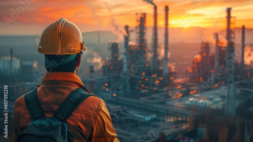 An engineer looks out over an oil refinery at sunset.  © easybanana