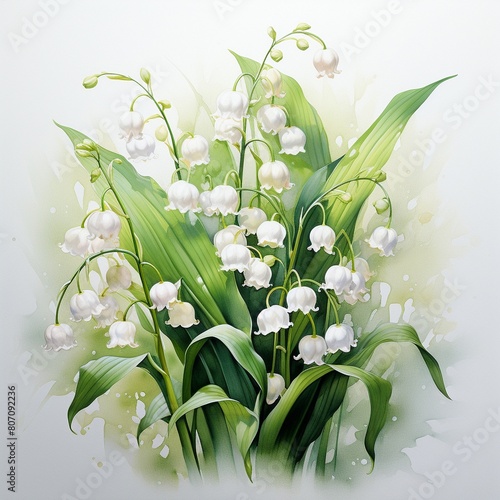 Delicate watercolor of Lily of the Valley, embodying humility and luck in love, painted in gentle pastels on a pristine white canvas ,  high resolution