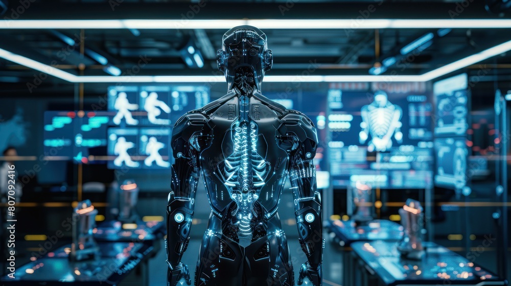 a robot in a futuristic laboratory. a robot in a futuristic laboratory.