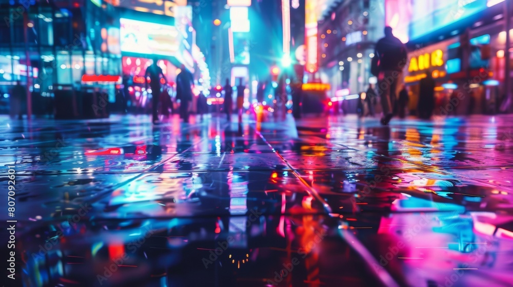 A vivid nighttime cityscape with neon lights reflecting off wet pavement, creating a colorful and dynamic urban atmosphere.