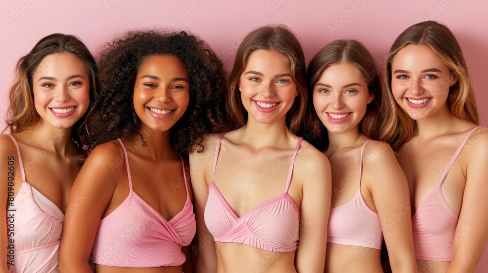 A group of women, clad in pink bras, smile at the camera as they stand before a pink wall A group of women, clad in pink bras, smile at the camera as they stand before a pink wall