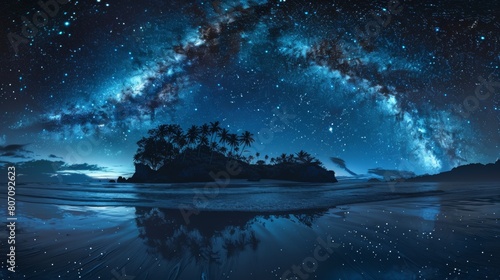 Dramatic view of the Milky Way galaxy sprawling across the sky over a secluded tropical beach with palm trees and calm waters reflecting the stars. photo