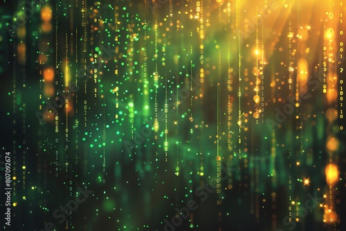 Streams of binary code pouring down in a matrix style with glows of green and amber on a shadowy background