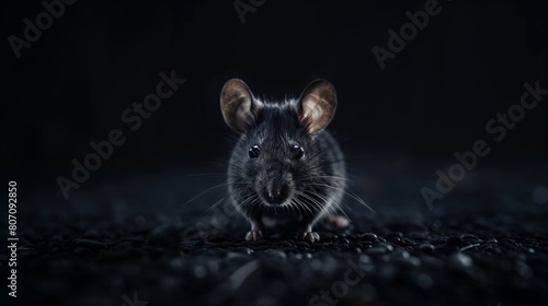 House mouse mus musculus in the dark place on dirty ground photo