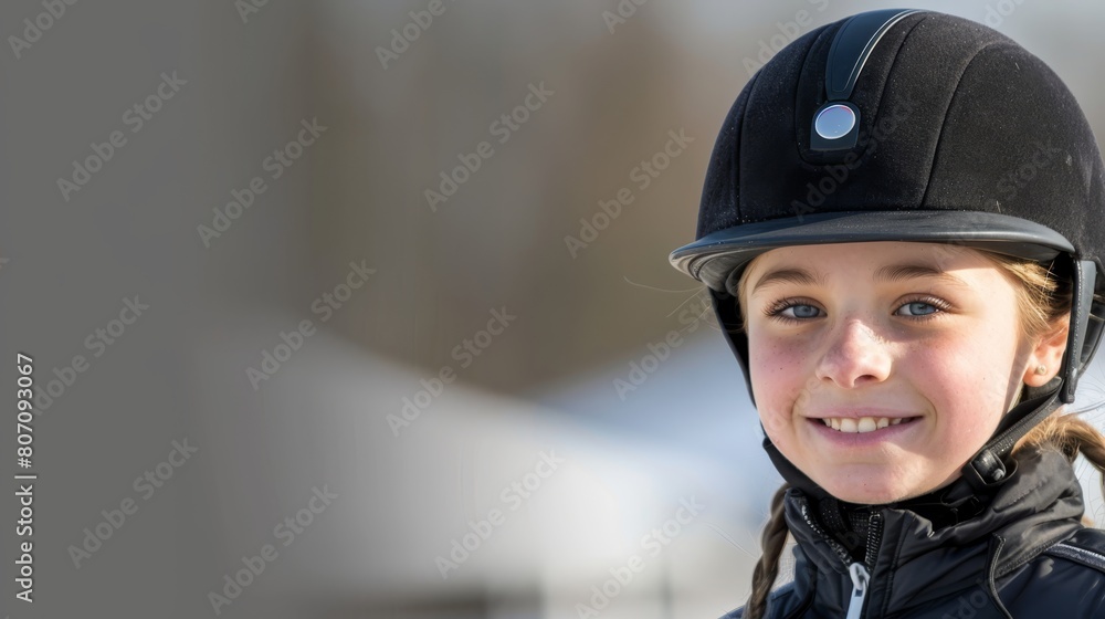 A young girl dons a black helmet with a white spot and a black jacketing A young girl dons a black helmet with a white spot and a black jacketing
