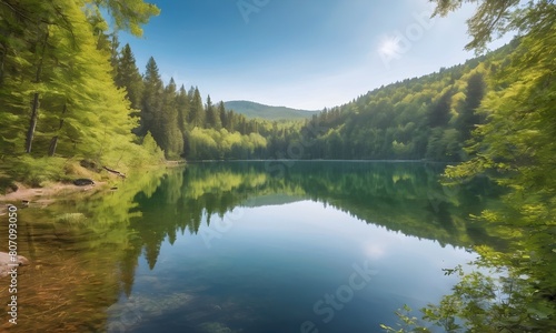 Turquoise lake perfectly reflecting green woodland under sunny summer sky