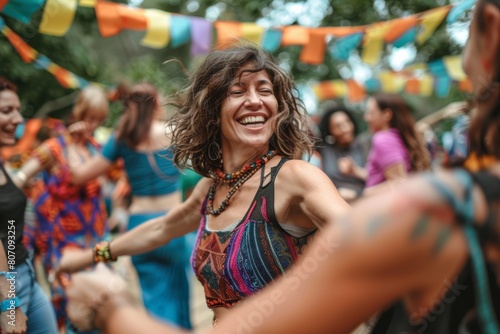 Woman dancing with joy and abandon in a circle of friends at a vibrant celebration gathering.