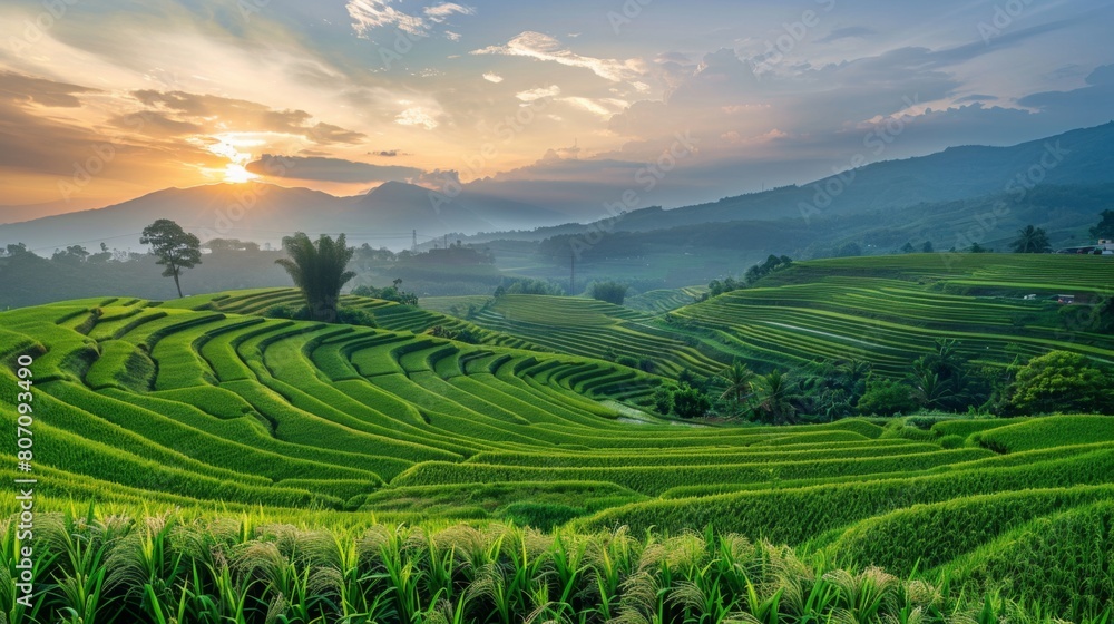 A panoramic view of a rural countryside with rice fields stretching into the distance, illuminated by the soft light of the setting sun.