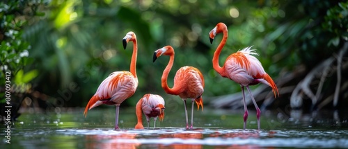 Group of flamingos wading in lush lagoon.