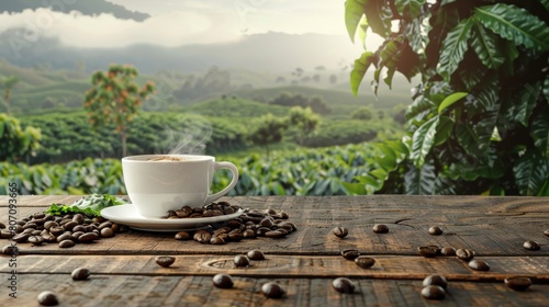 Hot coffee cup with organic coffee beans on the wooden table and the plantations background AI generate