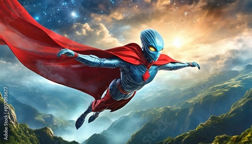 Multi dimensional alien superhero in a red cape photo