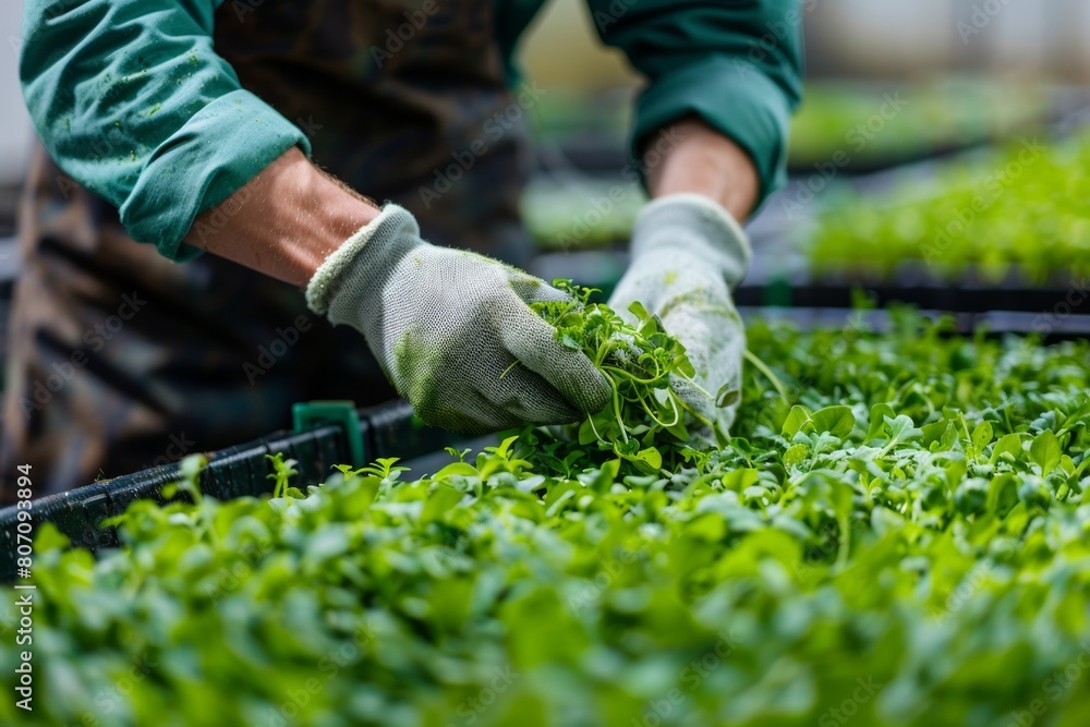 Farmer tending to hydroponic basil plants, demonstrating innovative cultivation methods for aromatic herbs. Farmer tending to hydroponic basil plants, demonstrating innovative cultivation methods for aromatic herbs.