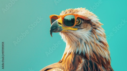 A stylish deagleog wearing glasses on blue background. Animal wearing sunglasses