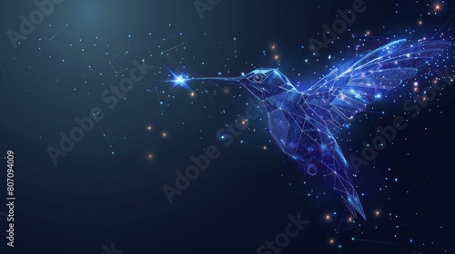 Hummingbird colibri flying bird from futuristic polygonal blue lines and glowing stars AI generate photo