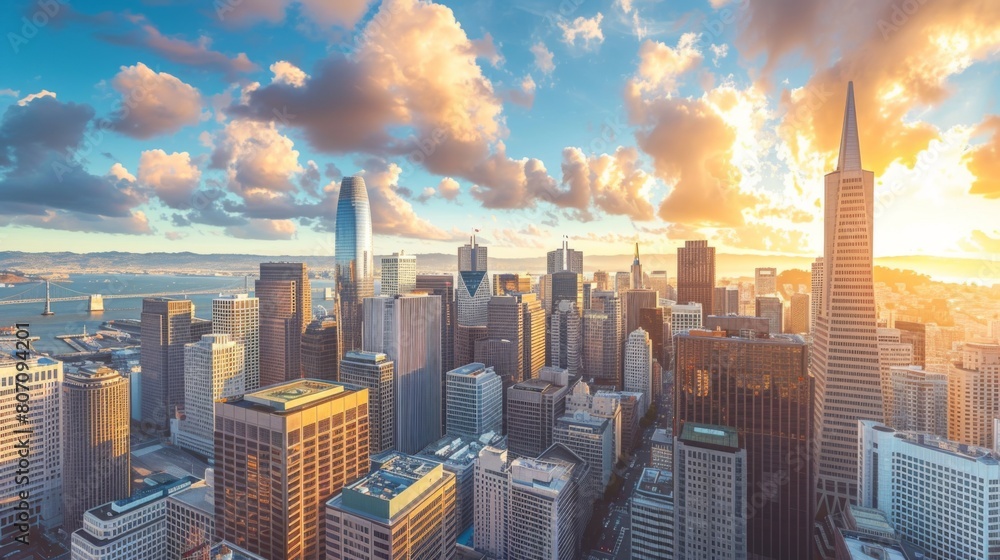 Obraz premium A panoramic view of the city center with towering skyscrapers and historic landmarks, capturing the essence of the capital's urban landscape.