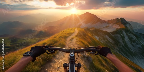 Pulsating journey down a mountain trail at dusk, this POV shot creates an exhilarating feeling of adventure and freedom photo
