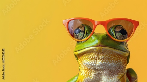 A stylish frog wearing glasses on yellow background. Animal wearing sunglasses photo