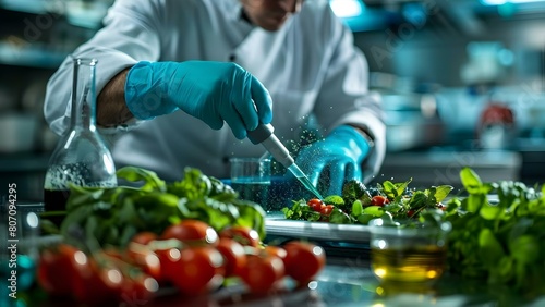 Scientist analyzing food samples for nutritional content and safety in lab. Concept Food Safety, Nutritional Analysis, Laboratory Testing, Scientist Research, Food Quality Control photo