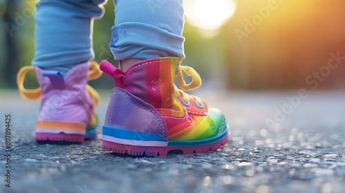   A tight shot of a rainbow-hued shoelace at shoe soles  base
