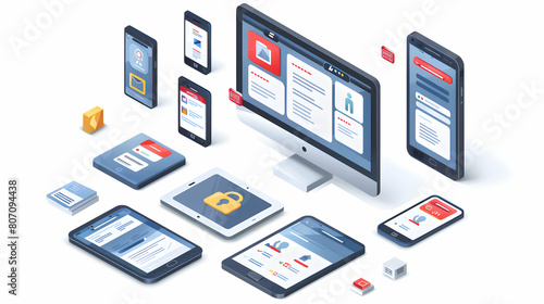 Isometric Scene of Multi Factor Authentication Screens on Various Devices for Layered Security Protocols in 3D Flat Icon Concept